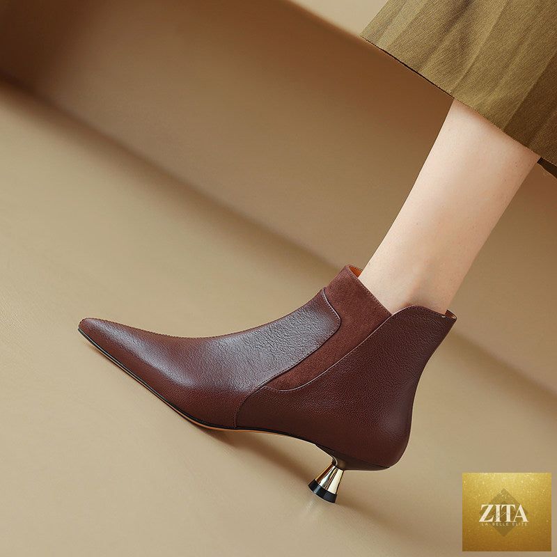Women's FitiqueFit genuine leather kitten heel ankle boots with pointed toe and side zipper, stylish footwear for elegant casual wear.