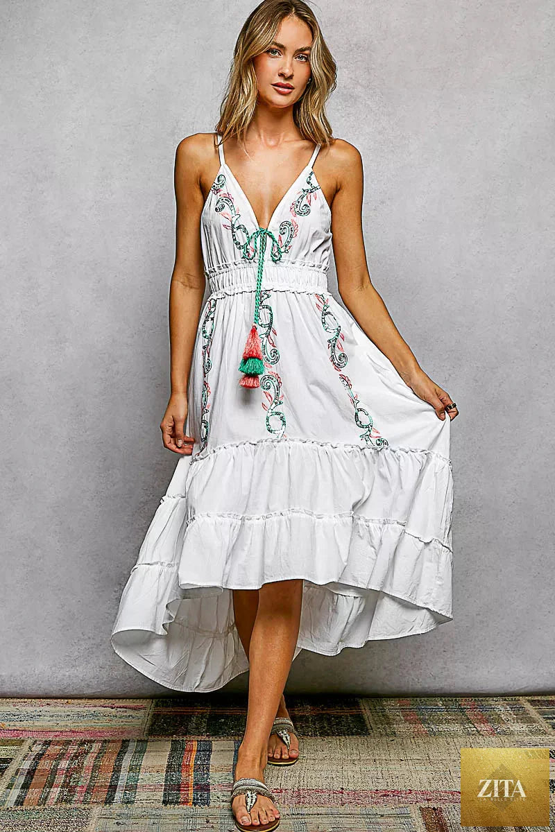 Blue Lotus Boutique embroidered detail tassel tie midi tiered cami dress with smocked waist and layered fabric, perfect for summer wear.