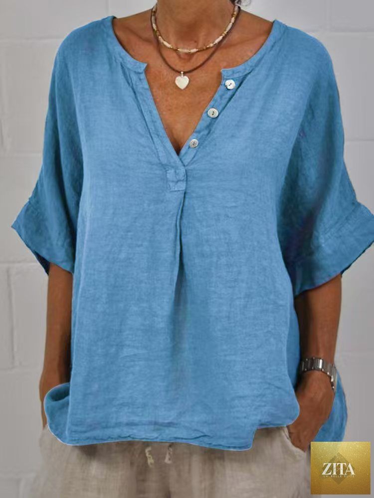 Women's cotton linen V-neck button-up shirt by Zita La Belle Elite, shown in a casualwear style with a relaxed fit.