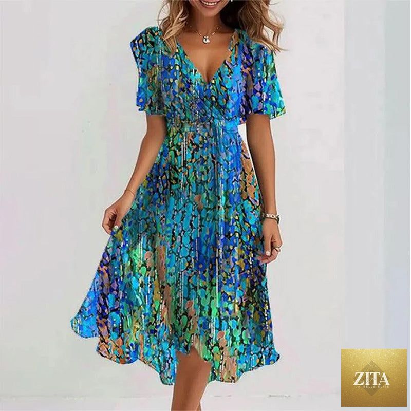 Floral print FitiqueFit A-line dress with V-neck, short sleeves, and midi length, perfect for spring and summer occasions.