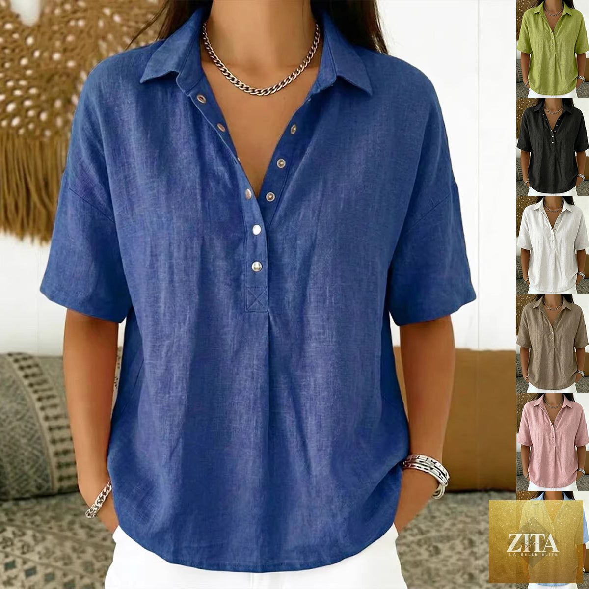 Zita La Belle Elite women's short sleeve button pullover shirt in solid color, casual top with collar and front buttons.