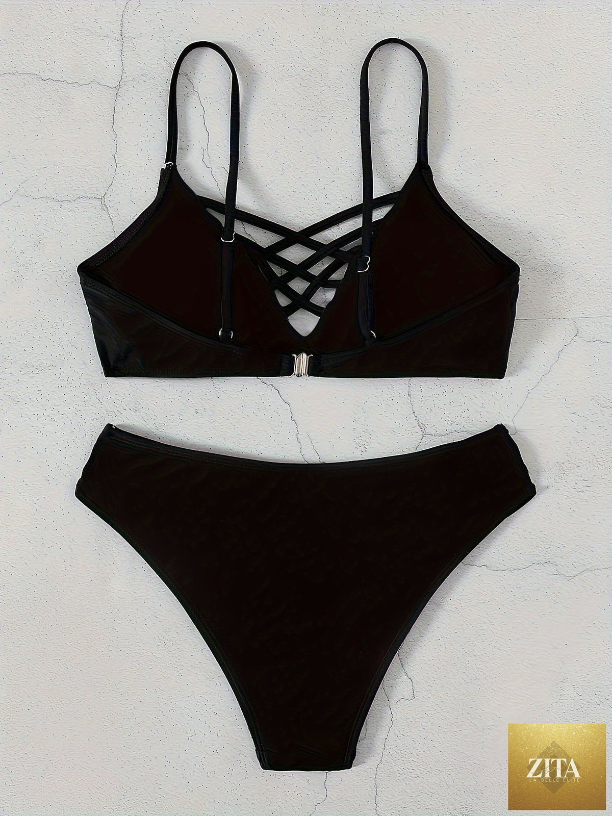 Stevvex Noir Allure criss cross bikini set for women, high waist with buckle, hollow out design, adjustable spaghetti straps, summer swimwear