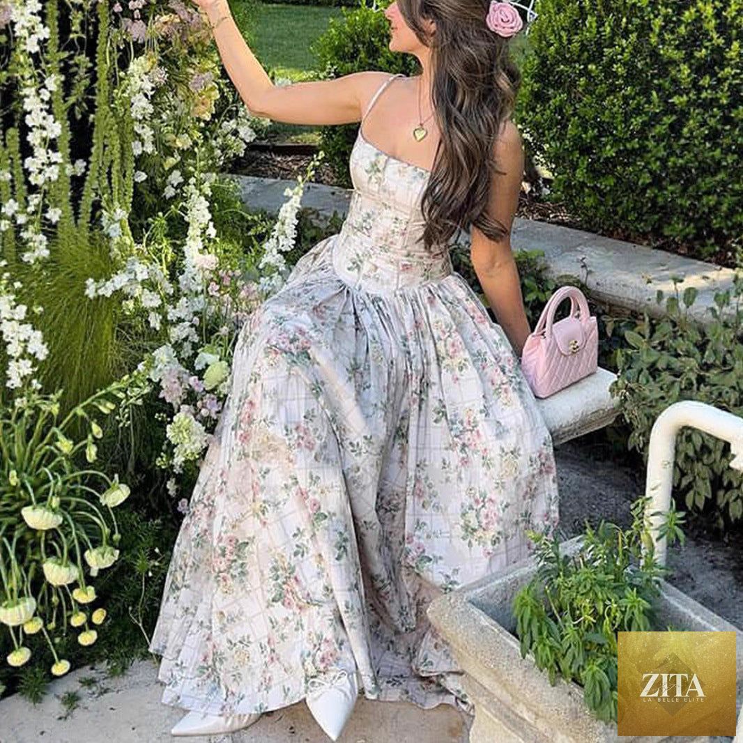 Printed strapless backless maxi dress by FitiqueFit, fitted long dress with floral pattern and elegant design.