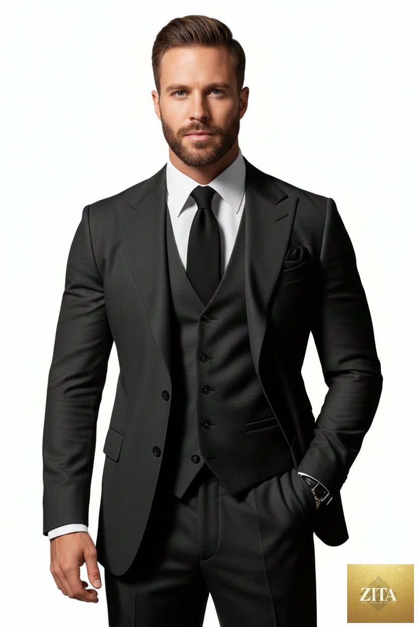Mandotos men's three-piece business suit, formal attire with jacket, vest, and trousers, perfect for professional settings.
