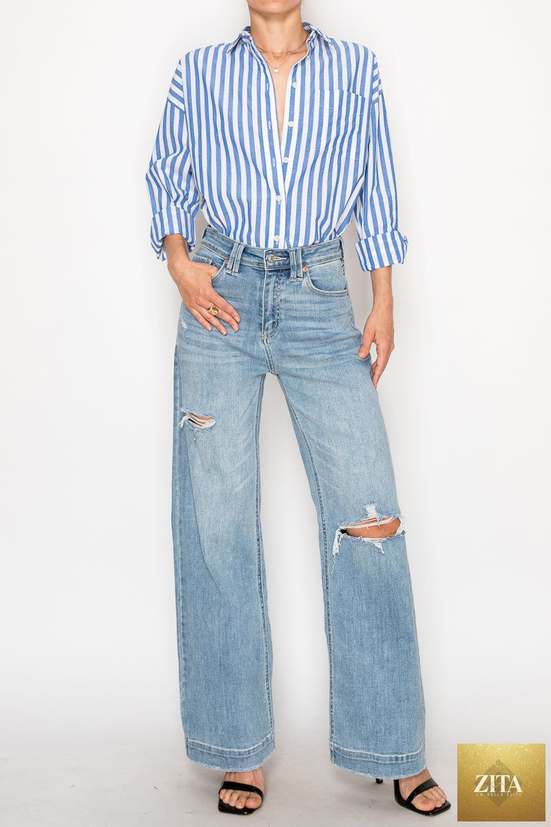 Artemis Vintage Isabella Corset Ultra High Rise Modern Wide Jeans, front view showing high waist and wide-leg design.