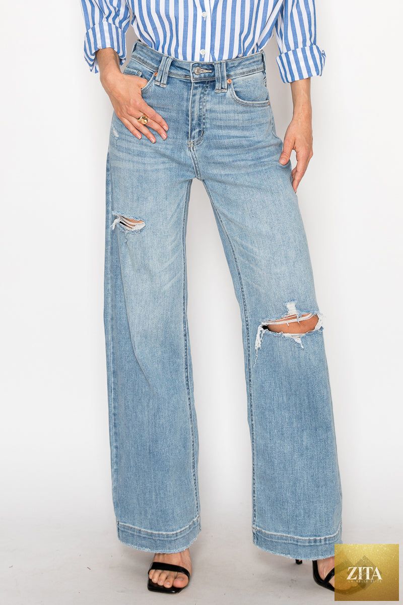 Artemis Vintage Isabella Corset Ultra High Rise Modern Wide Jeans showing dark denim fabric and wide-leg fit.