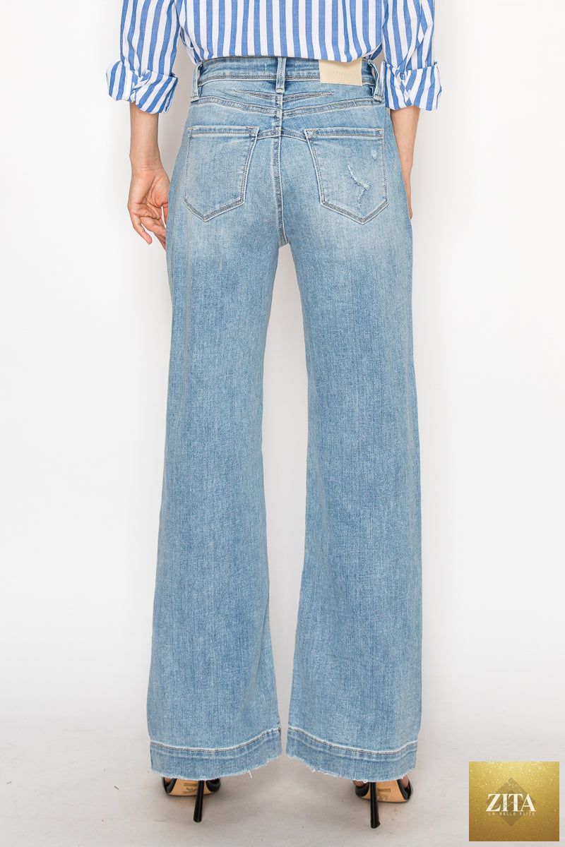 Artemis Vintage Isabella Corset Ultra High Rise Modern Wide Jeans, denim with a fitted corset design and wide-leg silhouette.