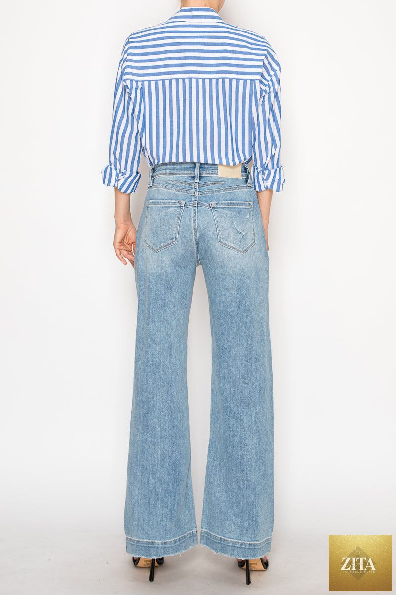 Artemis Vintage Isabella Corset Ultra High Rise Modern Wide Jeans showing the denim fabric and wide-leg style.