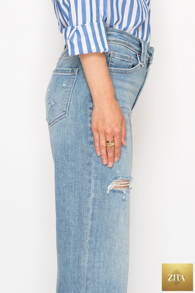 Artemis Vintage Isabella Corset Ultra High Rise Modern Wide Jeans, blue denim with a fitted corset design and wide leg silhouette.