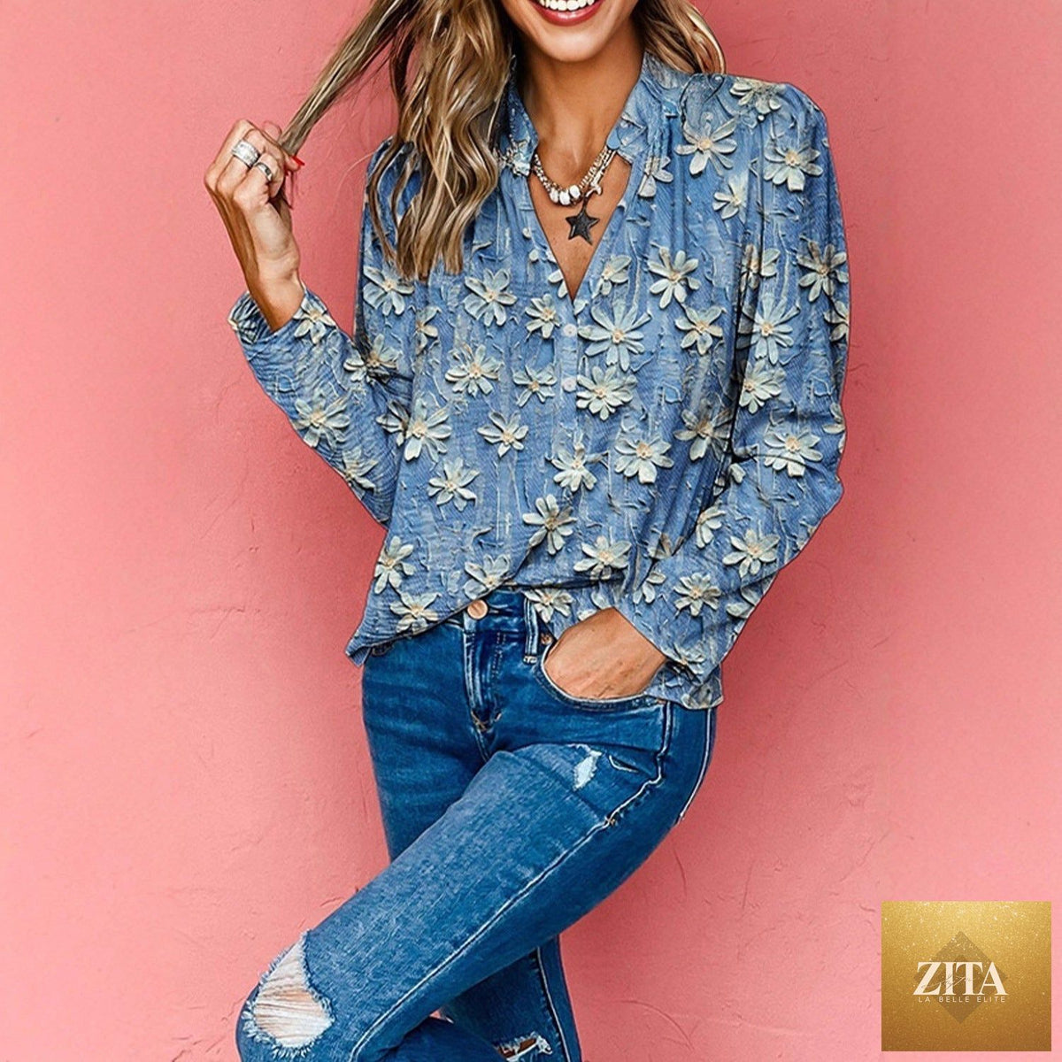 Women's retro floral print chiffon blouse by Zita La Belle Elite, loose fit long-sleeve casual top with vibrant floral design.