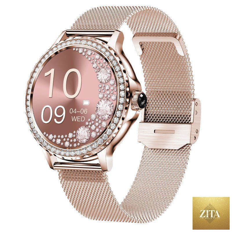 Mandotos waterproof Bluetooth fitness bracelet watch with diamond accents, digital display, and sleek black strap.