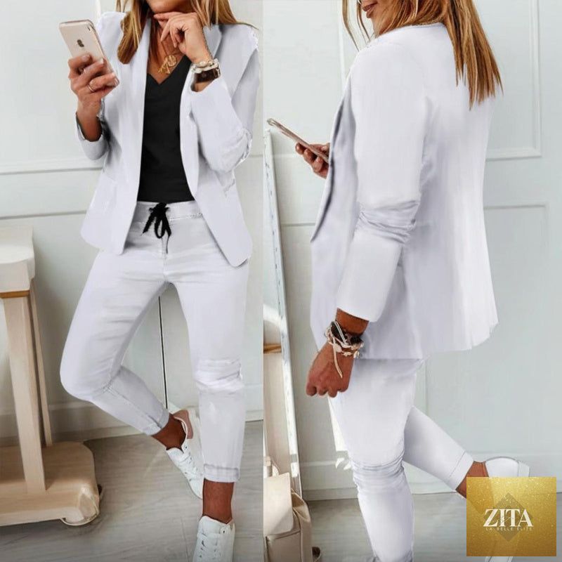 Women's casual blazer and drawstring pants suit set by FitiqueFit, featuring a notch-lapel blazer and comfortable matching pants.