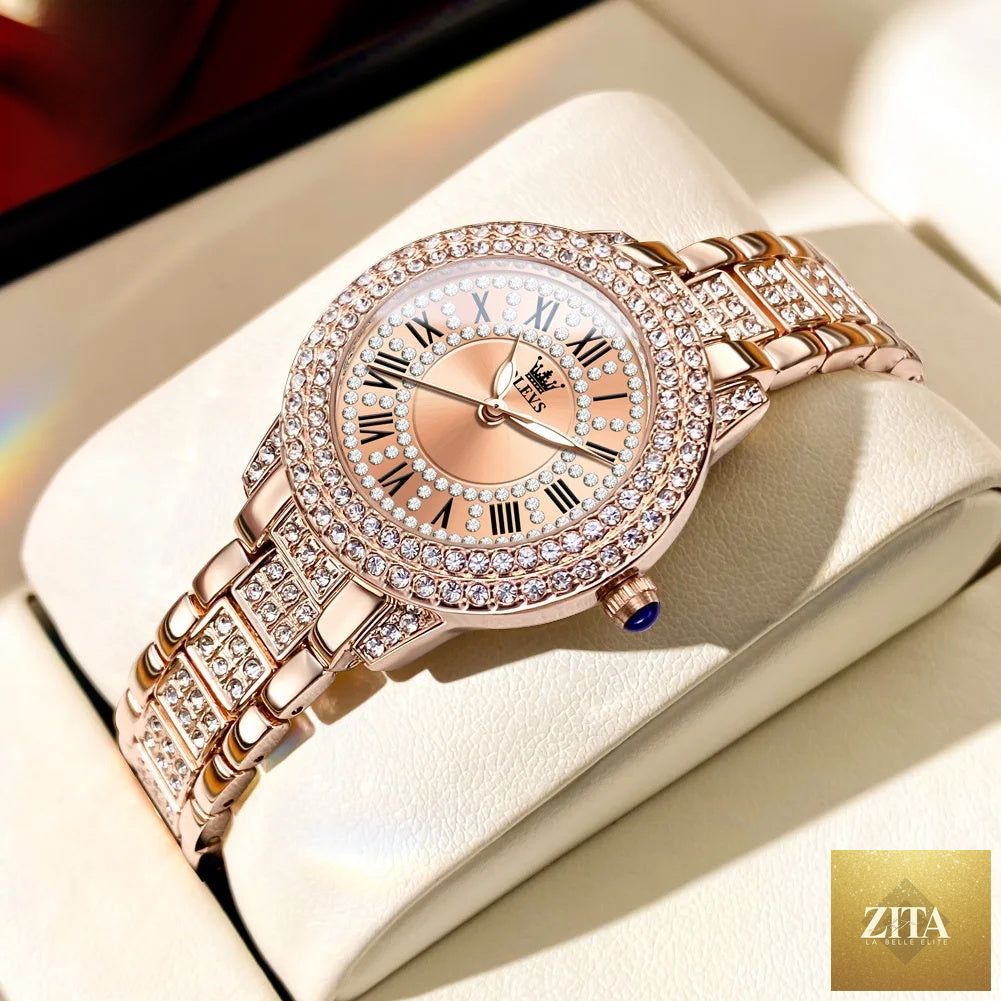 Elegant women's rose gold crystal Roman numeral watch with a sleek band and stylish design by BandsCo Straps.