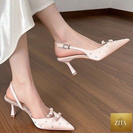 Women's closed toe slingback stiletto heels with bowknot and rhinestone embellishments by Zita La Belle Elite.