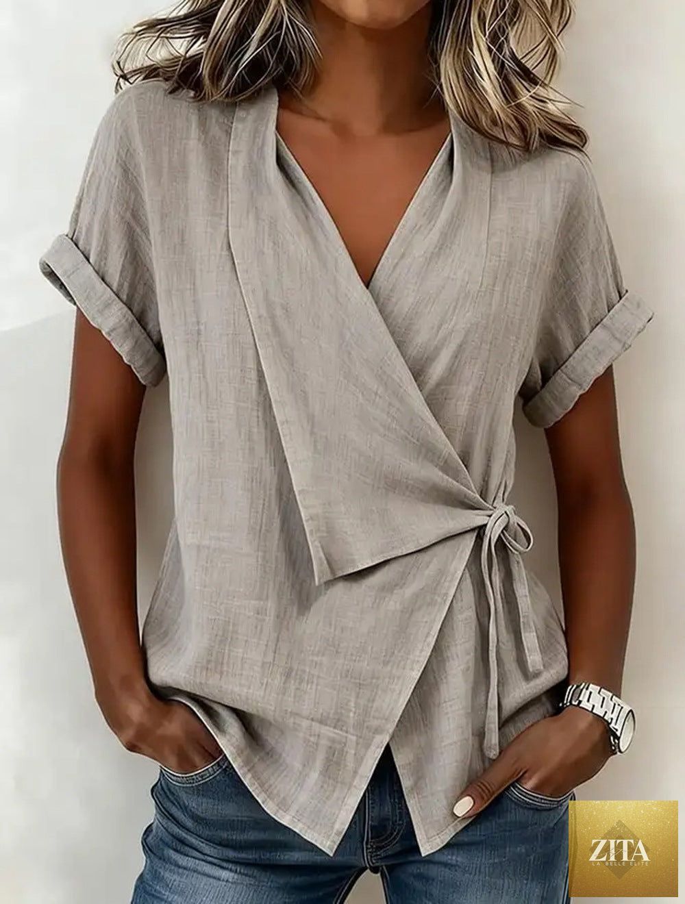 Women's linen short-sleeve top with lapel collar and lace-up front, casualwear by Zita La Belle Elite, shown in a relaxed fit.