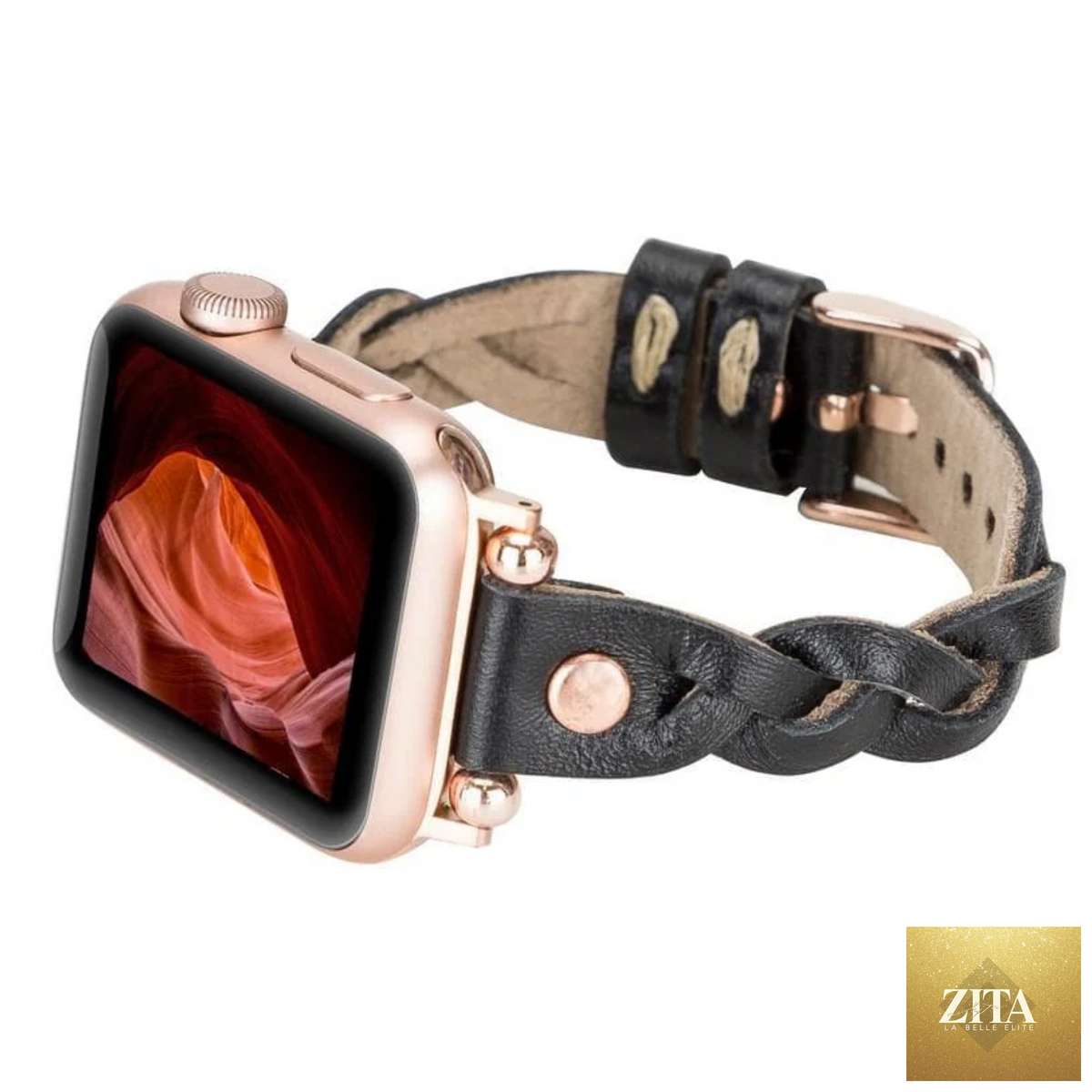 Leather Apple Watch braided band in black by LEATHERE, showcasing its textured leather design and secure fit for stylish wear.