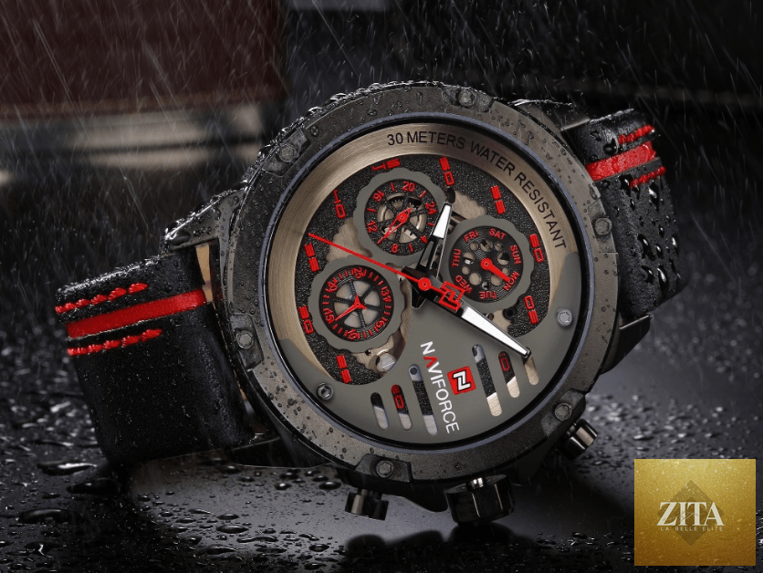 Stevvex men's waterproof sports watch with chronometers, leather belt, multifunction dial, and unique design for active wear.