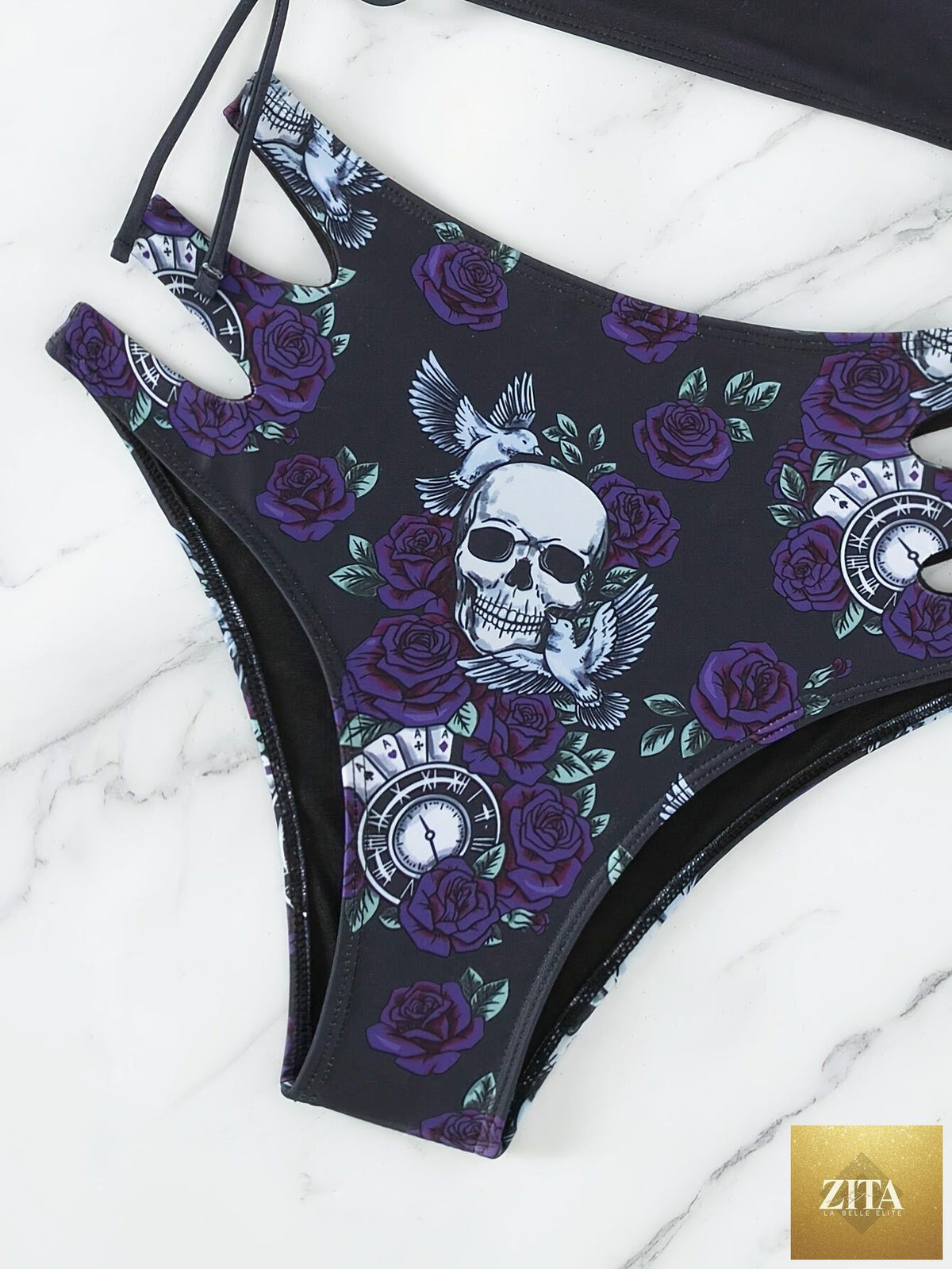 Stevvex skull print bikini set featuring lace-up floral design, hollow-out style, crew neck, perfect for beach, festival, summer.