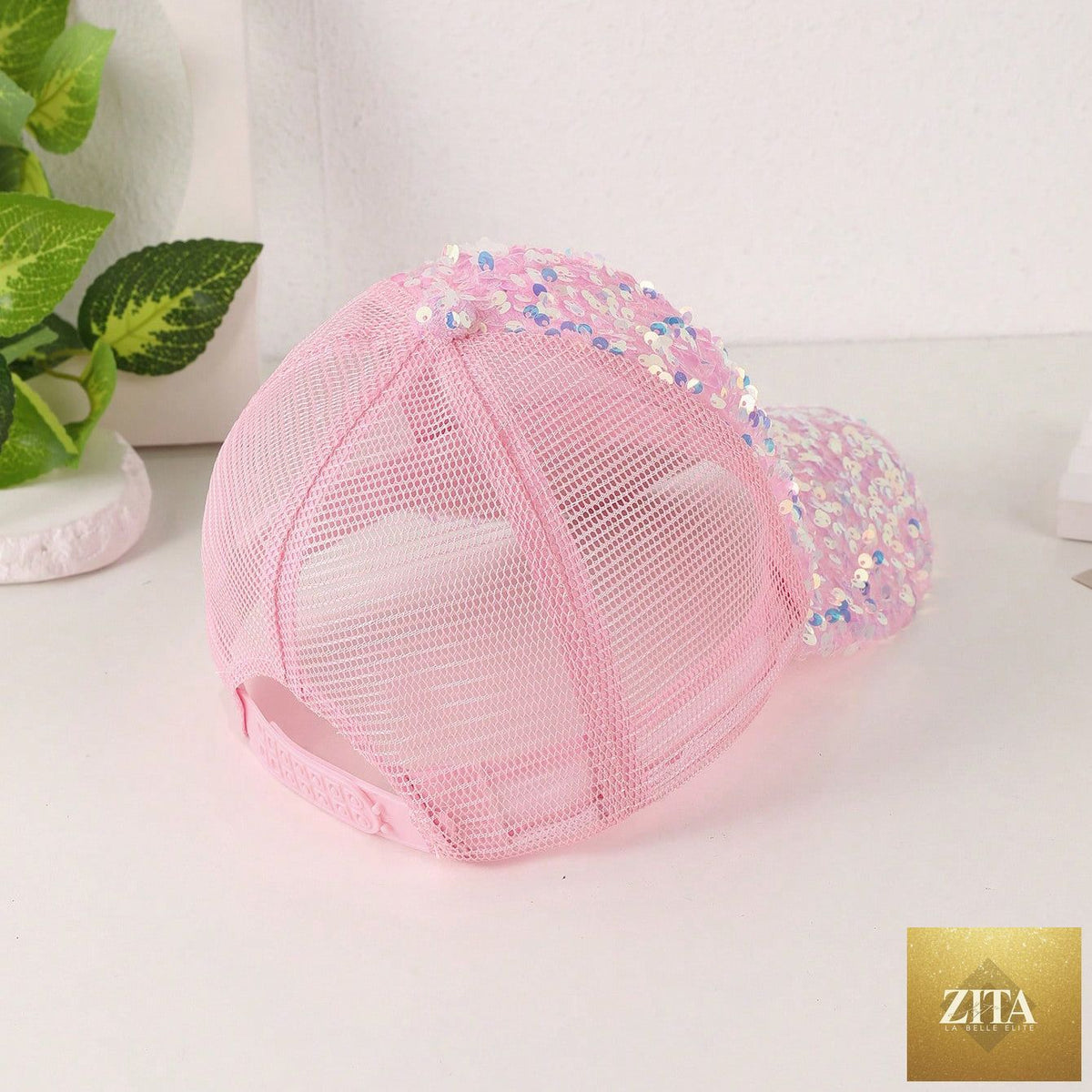 Sequin-embroidered mesh baseball cap with sunshade from Zita La Belle Elite, featuring breathable fabric and trendy design.