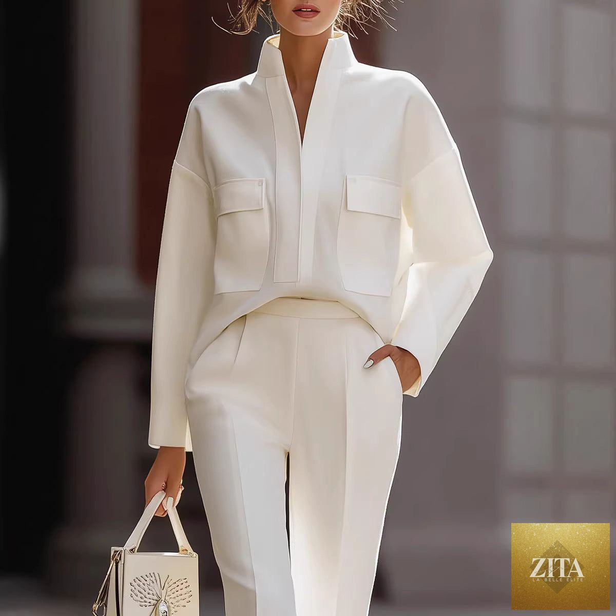 Zita La Belle Elite women's urban commuter long-sleeve top and pants casualwear set with pockets, in a modern, stylish design.