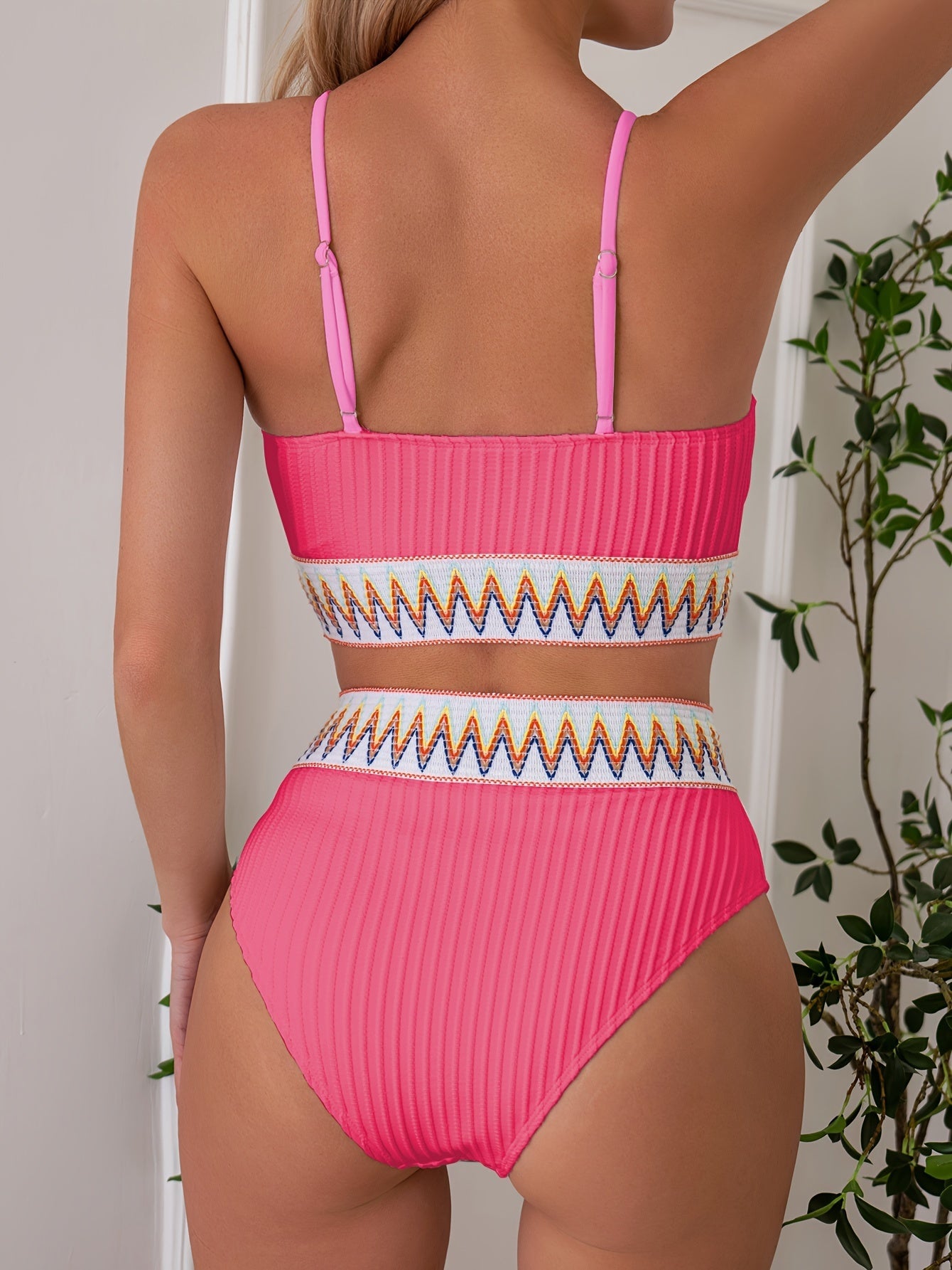 Stevvex women's bikini set with scoop neck, high waist, solid color, contrast band, stretchy fabric, ideal for beach and summer vacation.