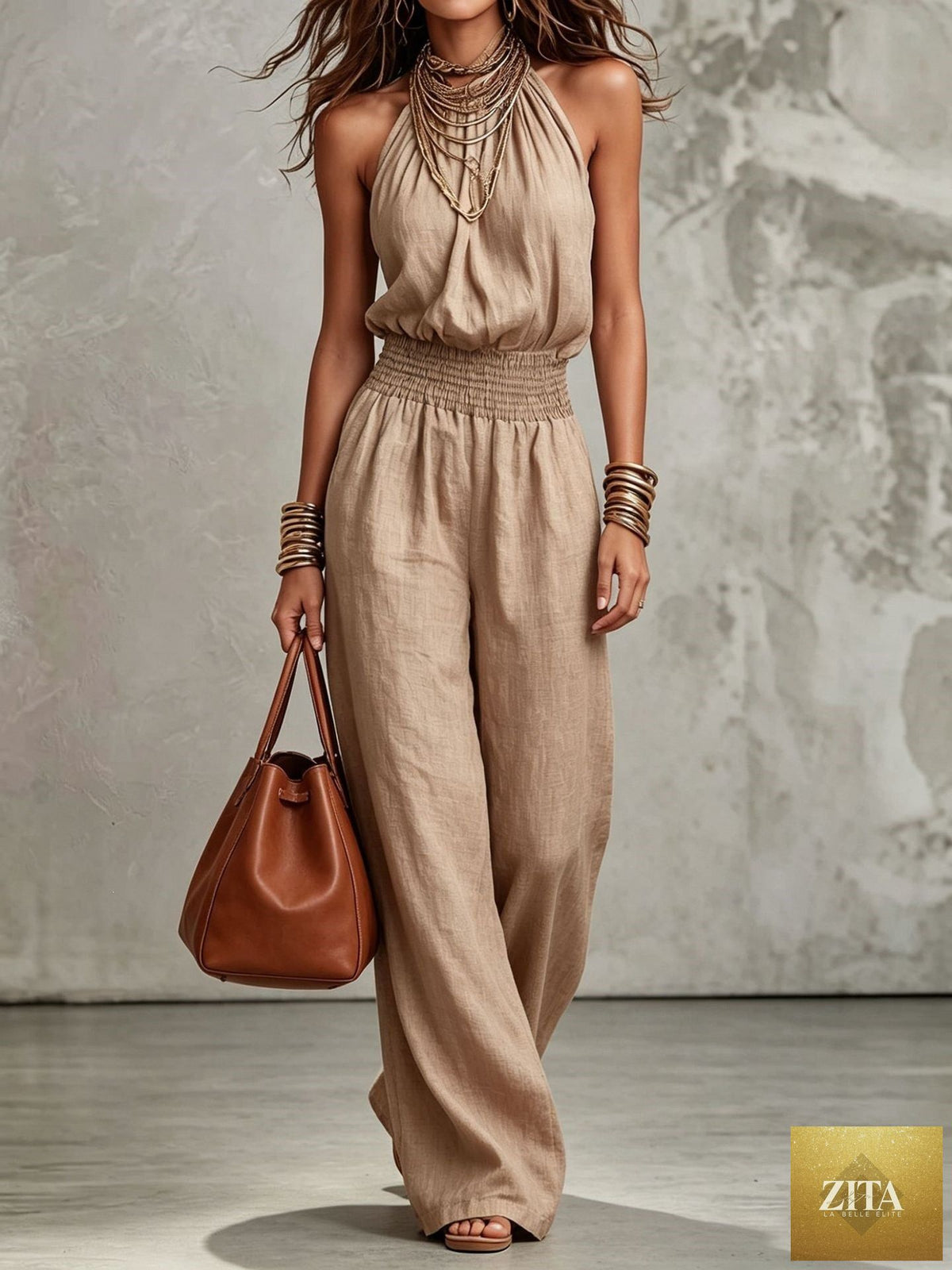 Women's sleeveless backless lace-up halter wide-leg jumpsuit by Zita La Belle Elite, shown in casualwear style.