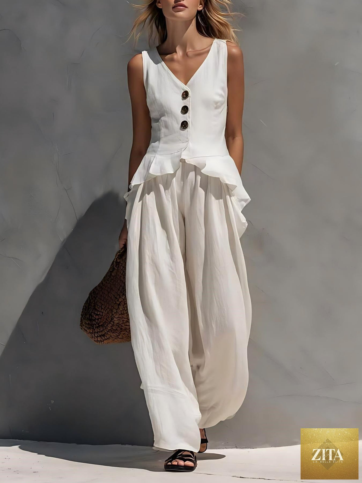 Zita La Belle Elite ruffled tank top and draping wide-leg pants set in multiple colors, casualwear style, size S to 3XL.