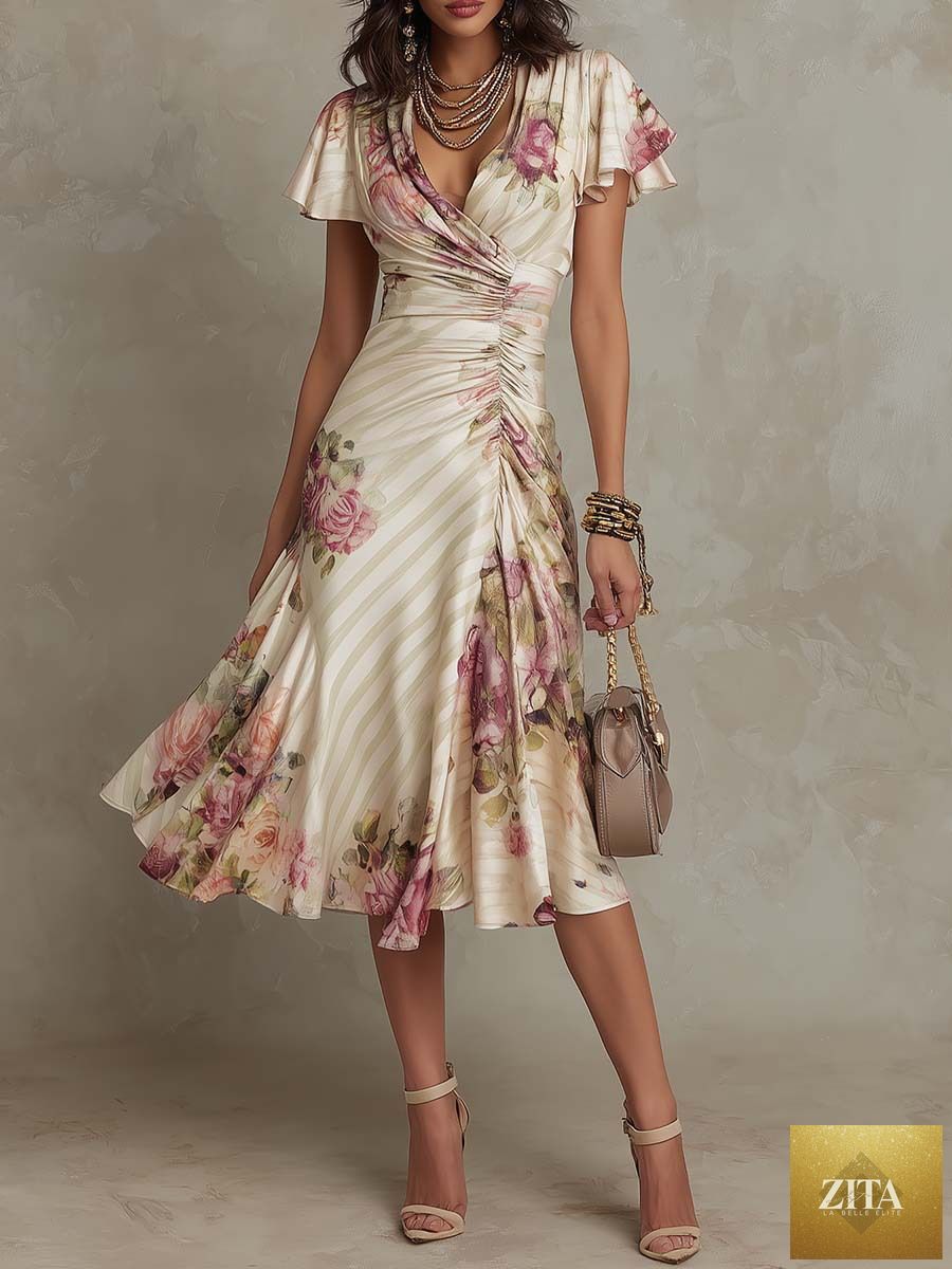 Zita La Belle Elite ruffled hem maxi dress with V-neck, satin fabric, color block design, and A-line silhouette.