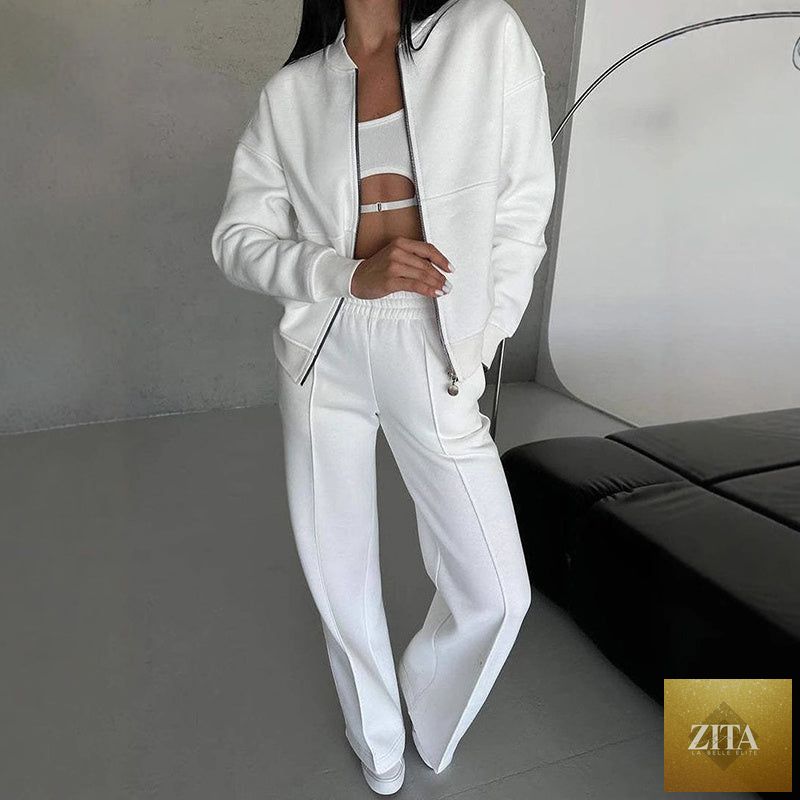 Women’s Zita La Belle Elite casualwear 2-piece zip-up sweatsuit set with jacket and wide-leg sweatpants, comfortable and stylish.