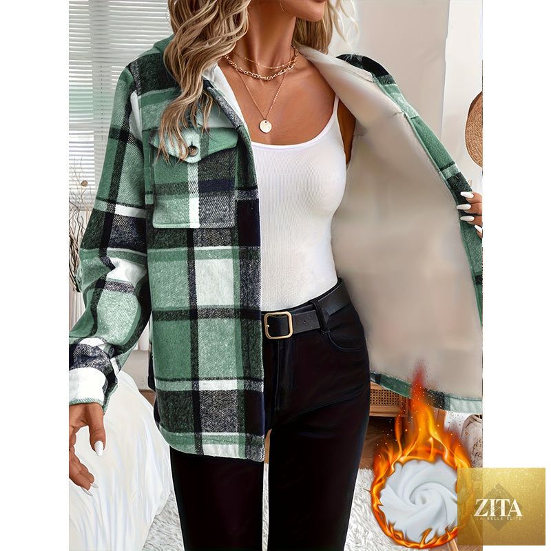 Women's plaid fleece-lined hooded jacket by FitiqueFit, featuring a cozy fleece interior and classic plaid pattern.