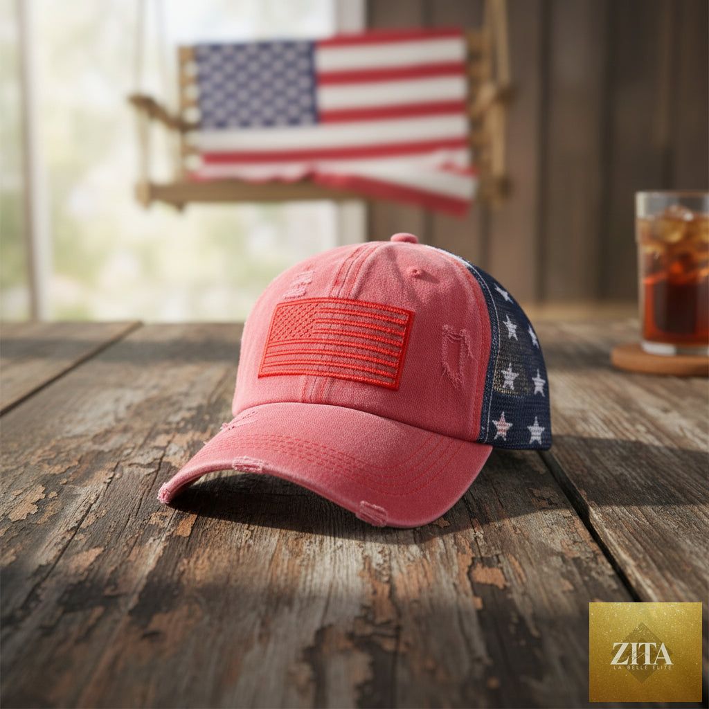 Women's embroidered baseball cap by Zita La Belle Elite featuring ripped design, breathable dome top, and polyester material.