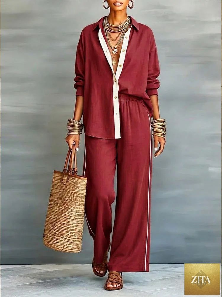 Zita La Belle Elite contrast-color long-sleeve shirt and pants two-piece casualwear set, featuring stylish color blocking and comfortable fit.