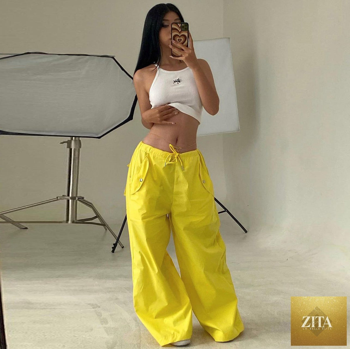 Women’s high-waist lace-up cargo pants by Zita La Belle Elite, loose fit, straight-leg casual trousers with lace-up front detail.
