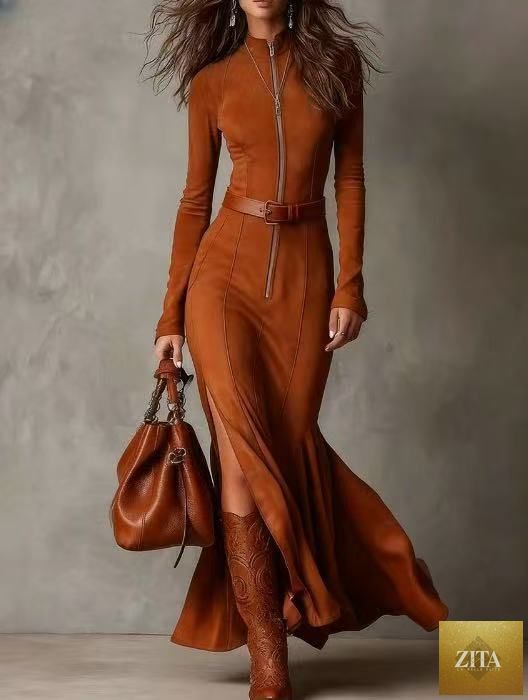 Women's suede velvet zip-front fishtail maxi dress with long sleeves, high waist, and mermaid hem by FitiqueFit