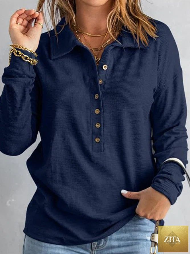 Women's loose fit long sleeve knit top with button detail from Zita La Belle Elite, casualwear in black, size S to 5XL.