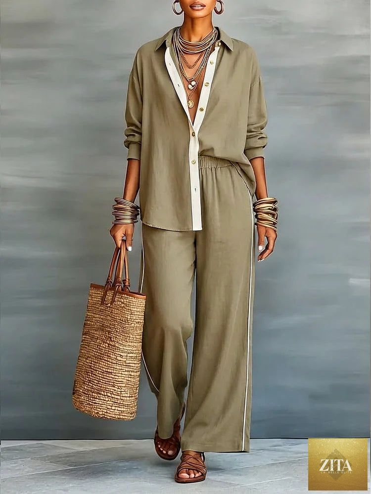 Zita La Belle Elite contrast-color long-sleeve shirt and pants set, casualwear two-piece outfit displayed on a model.