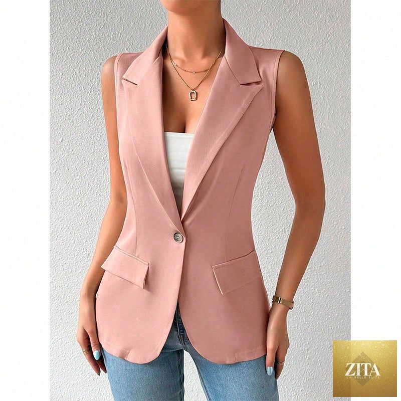 Women's sleeveless blazer vest by FitiqueFit, casual open-front work jacket with tailored fit and versatile office wear style.