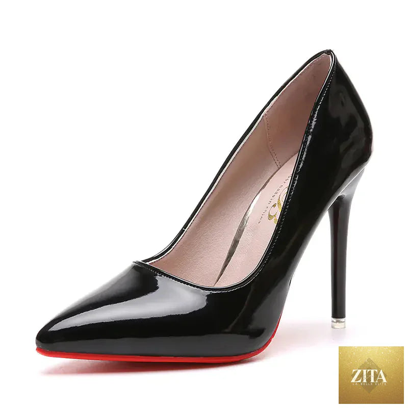 Women's pointed toe high heels in black leather, stylish women shoes by Trendy Attic Store01, on a neutral background.