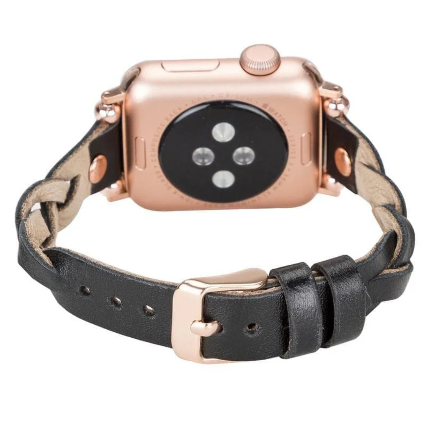 Leather Apple Watch braided band in black by LEATHERE, featuring a stylish and durable design for a comfortable fit.