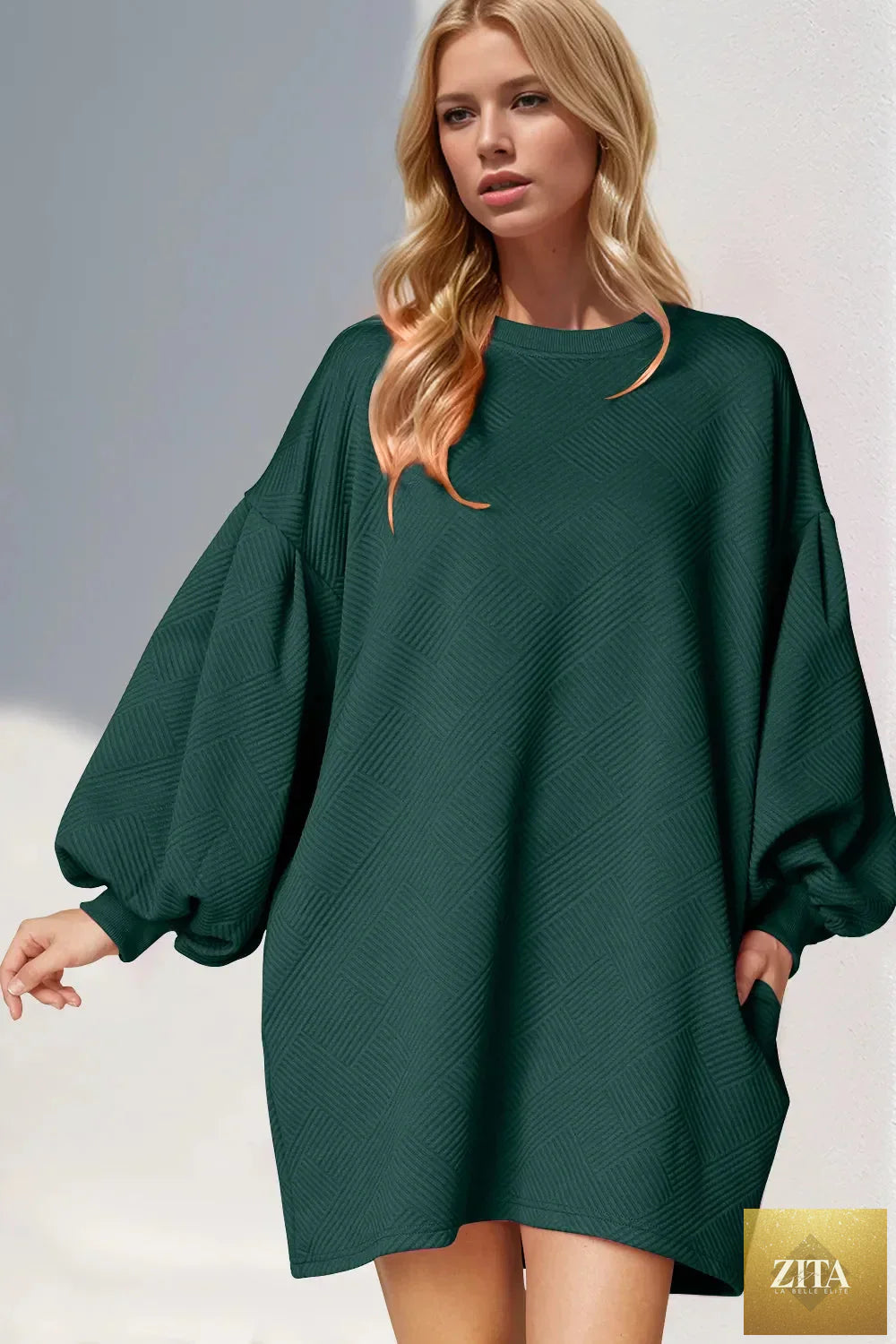 Shopiebay double take drop shoulder lantern sleeve mini dress with textured fabric and pockets, featuring a stylish, relaxed fit.