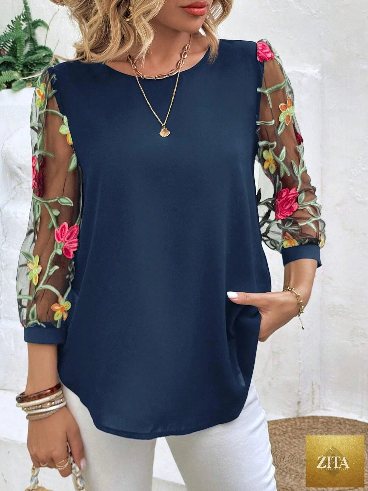 Women’s mesh patchwork three-quarter sleeve casual top by Zita La Belle Elite, featuring a stylish, lightweight design.