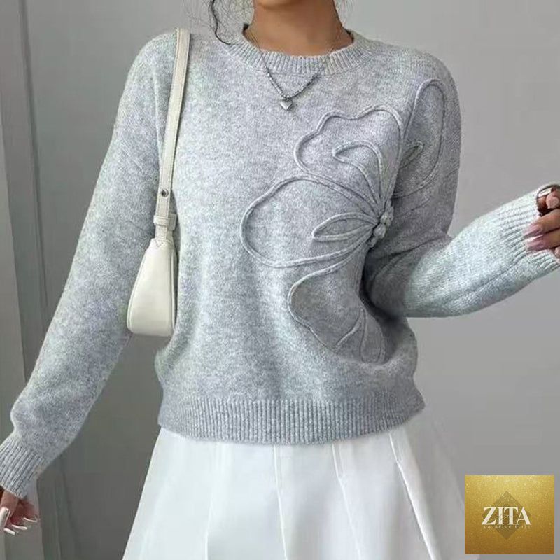 Women's floral sweater by Zita La Belle Elite featuring a crew neck, long sleeves, and a casual elegant floral pattern.