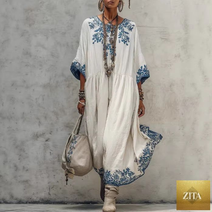 Women's printed batwing sleeve midi dress by Zita La Belle Elite, loose fit linen blend fabric, showcasing a stylish and comfortable design.