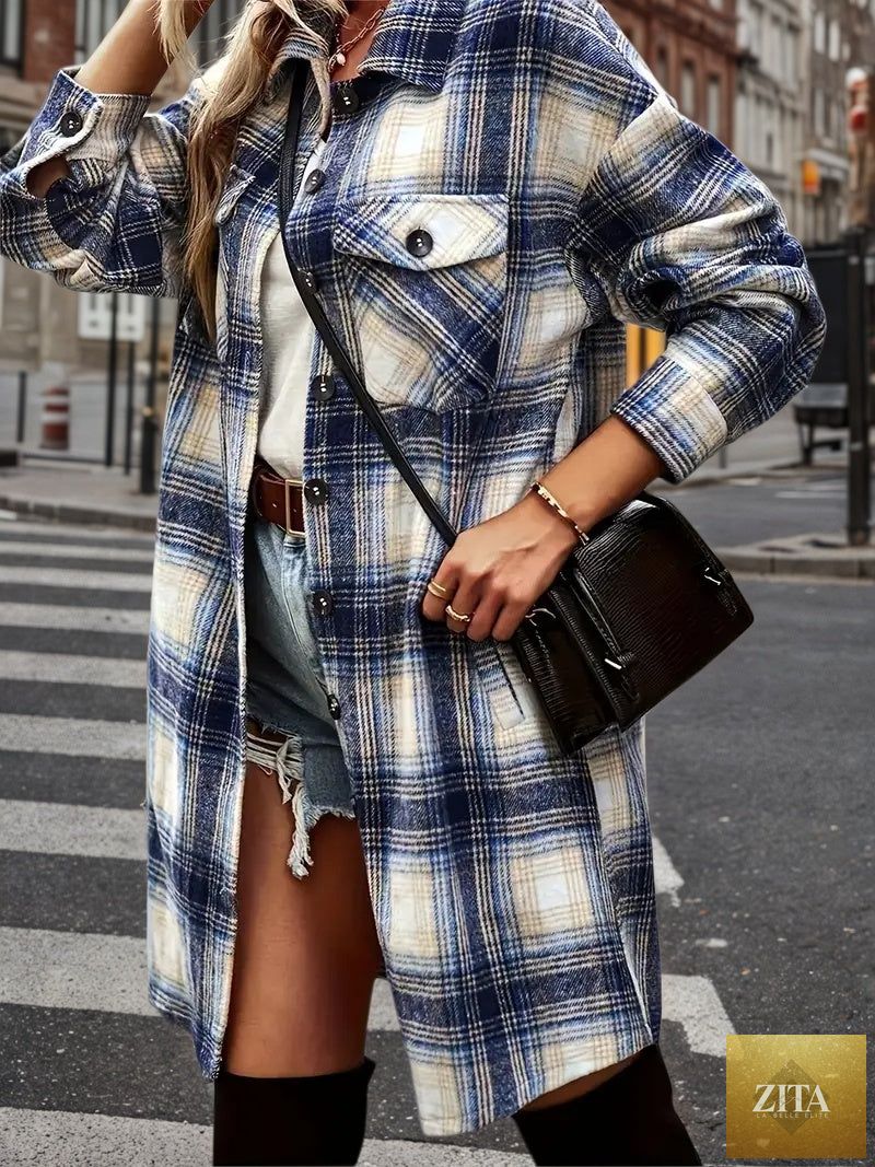 Women’s plaid shacket set from FitiqueFit featuring a flannel shirt jacket and distressed denim shorts, perfect casualwear.