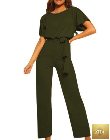 LadyShow.Store women's short-sleeve bodysuit and jumpsuit with straight-leg design and strap details, perfect for clubwear or casual wear.