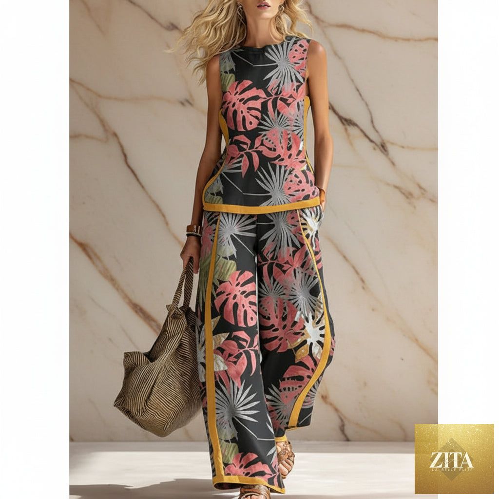 Printed retro sleeveless top and wide-leg pants set by MERIDGE, featuring vibrant 12 print designs in size S to 5XL.