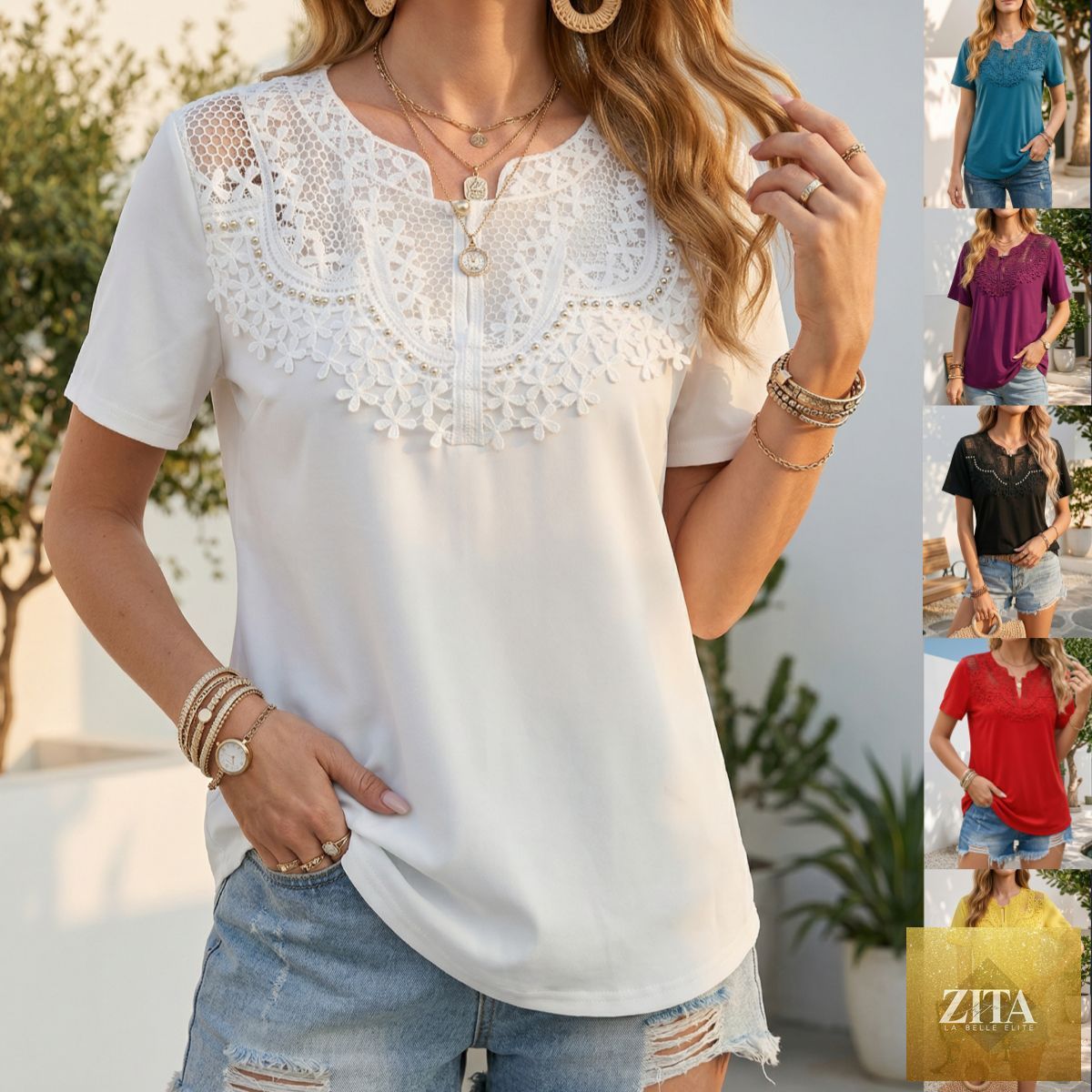 Women's loose-fit T-shirt by Zita La Belle Elite with pearl-trim hollow-out design, short sleeves, casual chic style.