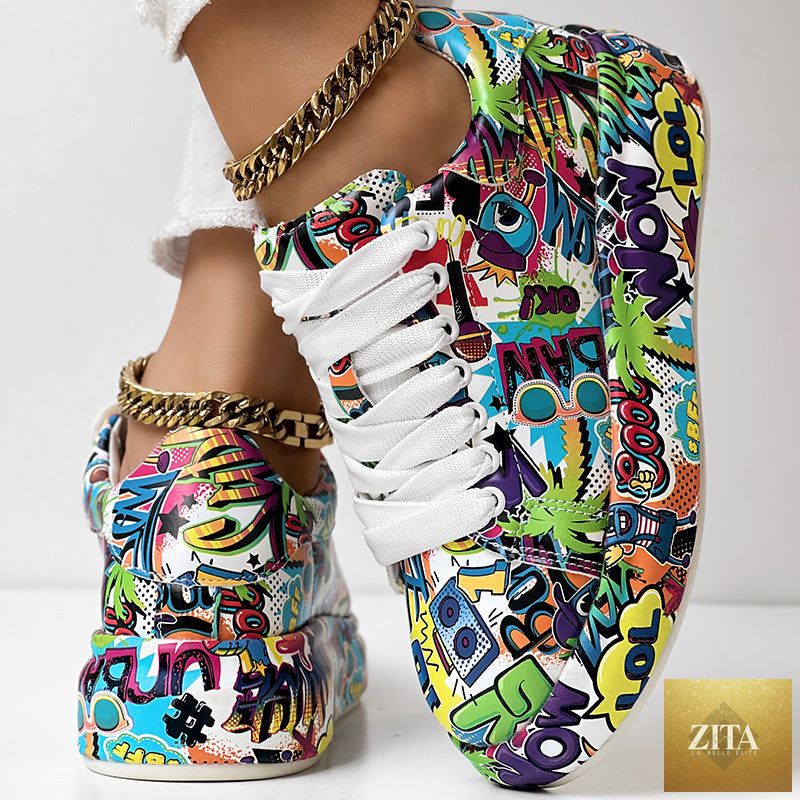 Women's round-toe lace-up sneakers with thick soles, casual printed design by FitiqueFit.