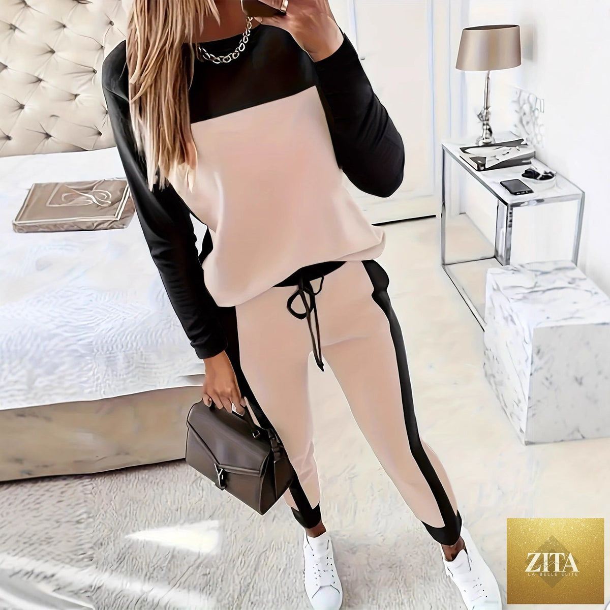 Women's Korean-style hoodie and pants two-piece casual set by Zita La Belle Elite, featuring patchwork design and comfortable fit.