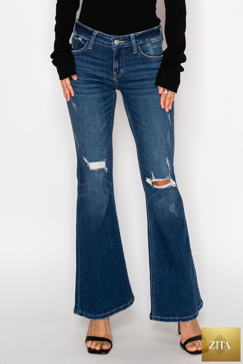 Artemis Vintage Margaret low-rise stretch vintage flare jeans, shown in classic denim with a fitted waist and flared leg silhouette.